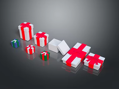 Various Sizes White Gift Boxes With Red Ribbons And Open Green Blue Present 3d model