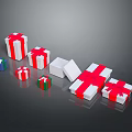 Various Sizes White Gift Boxes With Red Ribbons And Open Green Blue Present