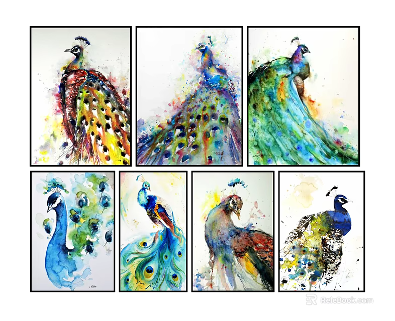Watercolor Peacock Paintings In Various Colors For Home Wall Decor Artworks 3d model 