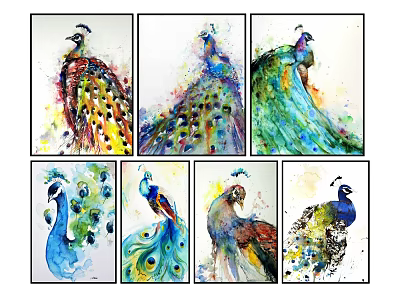 Watercolor Peacock Paintings In Various Colors For Home Wall Decor Artworks 3d model