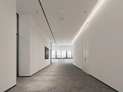 Modern Office Corridor Interior With White Walls Gray Carpet And Ceiling Lighting 3d model