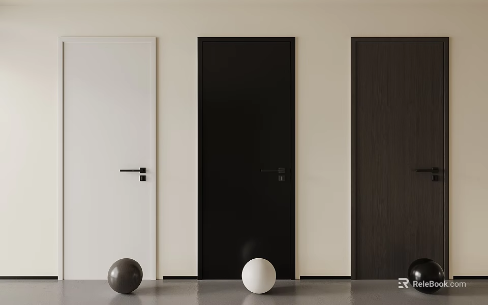 Modern Minimalist White Black Woodgrain Hinged Doors With Black Handles And Decorative Spheres 3d model 