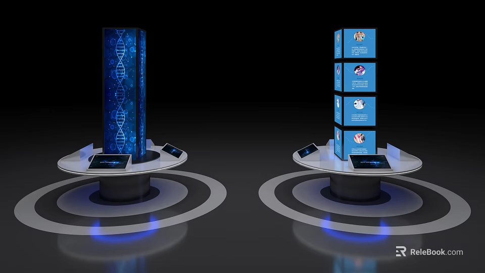 Interactive Computer Display Stands With Tall Pillars Blue DNA Small Screens Tablets Blue Light Rings 3d model 