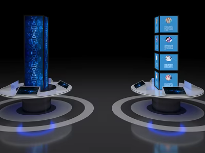 Interactive Computer Display Stands With Tall Pillars Blue DNA Small Screens Tablets Blue Light Rings 3d model