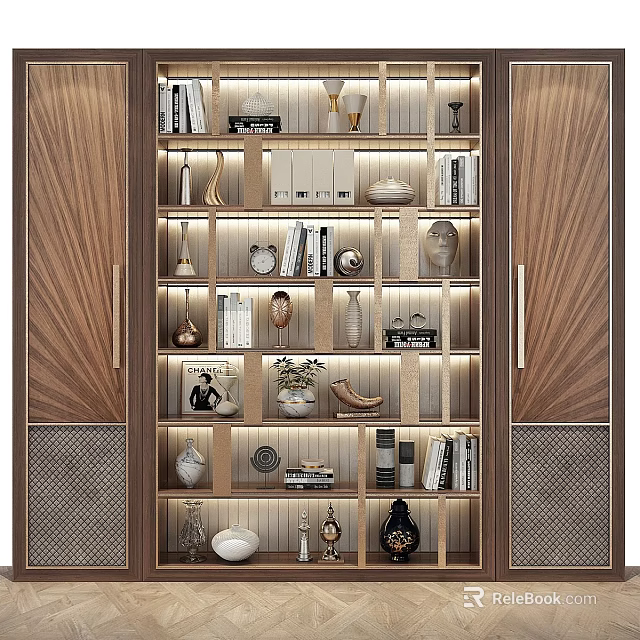 Modern Wooden Storage Cabinet With Shelves Books Decorative Items And Lighting 3d model 