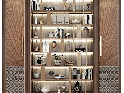 Modern Wooden Storage Cabinet With Shelves Books Decorative Items And Lighting 3d model
