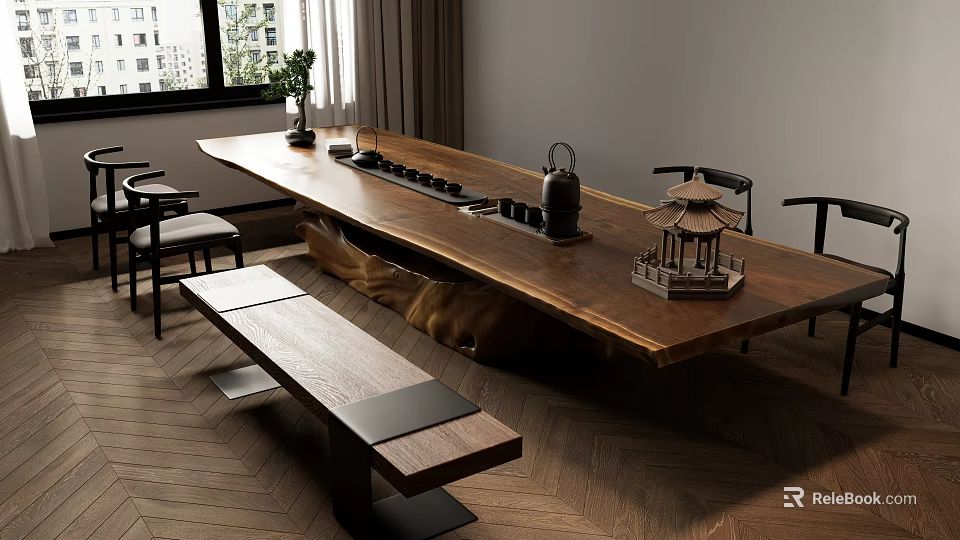 Solid Wood Tea Table and Chairs with Chinese Style Tea Set and Decorative Ornaments 3d model 