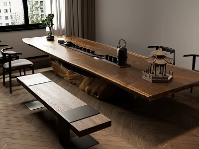 Solid Wood Tea Table and Chairs with Chinese Style Tea Set and Decorative Ornaments 3d model