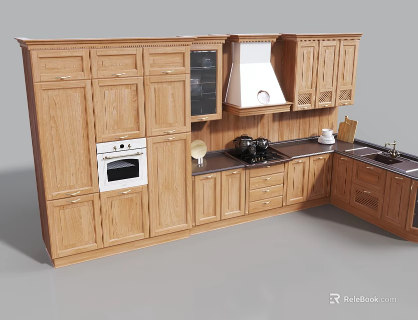 Wooden Kitchen Cabinets With Built in Oven And Countertop Layout Design 3d model 
