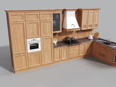 Wooden Kitchen Cabinets With Built in Oven And Countertop Layout Design 3d model