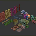Scenic Rustic Rural Landscape With Wooden Fences Firewood Logs Barrels Crates And Tires