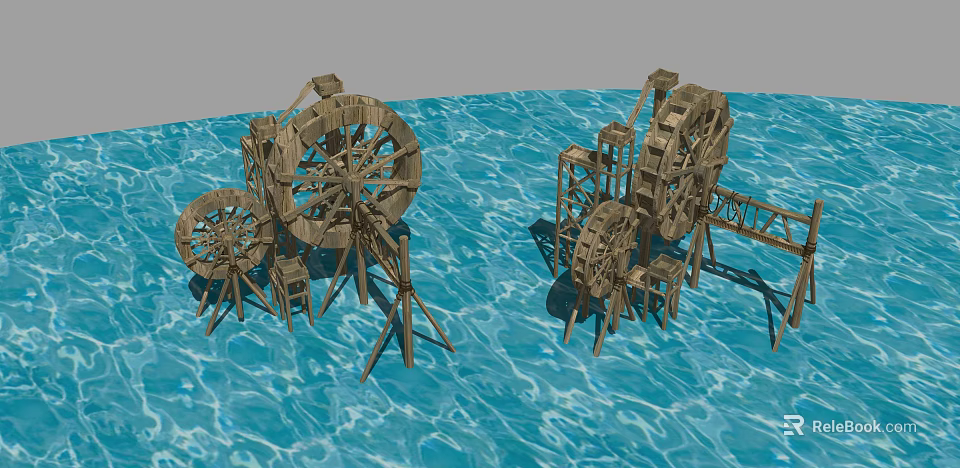 Traditional Wooden Water Wheels On Blue Water Surface With Wooden Structures 3d model 