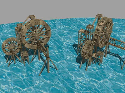 Traditional Wooden Water Wheels On Blue Water Surface With Wooden Structures 3d model