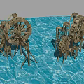 Traditional Wooden Water Wheels On Blue Water Surface With Wooden Structures