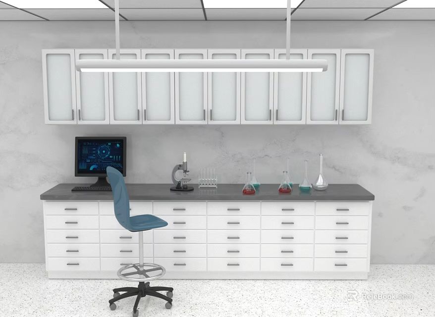 Laboratory Furniture Featuring White Wall Cabinets Drawer Equipped Lab Bench And Blue Chair 3d model 