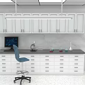 Laboratory Furniture Featuring White Wall Cabinets Drawer Equipped Lab Bench And Blue Chair