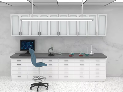 Laboratory Furniture Featuring White Wall Cabinets Drawer Equipped Lab Bench And Blue Chair 3d model