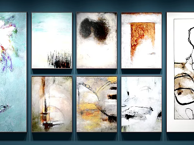 Abstract Paintings Framed in Various Colors Displayed on Gallery Wall 3d model