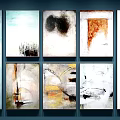 Abstract Paintings Framed in Various Colors Displayed on Gallery Wall 3d model