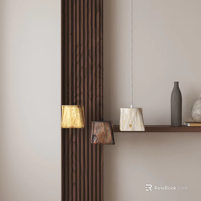 Different Designed Pendant Lights Hanging By Wooden Texture Wall With Decorative Shelf Vase 3d model 