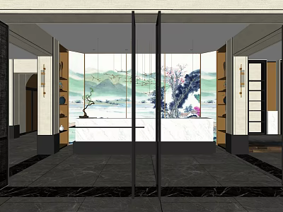 Chinese Style Front Desk Reception With Marble Counter And Landscape Painting Background 3d model