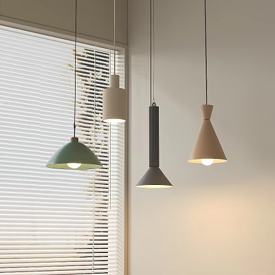 Stylish Modern Pendant Lights in Green Beige Black Hanging by Window with Blinds 3d model