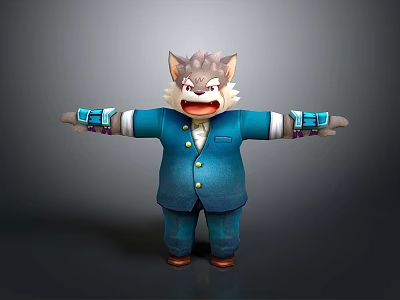 Cartoon Wolf Character In Blue Suit With Arms Outstretched Blue Wristbands And Brown Shoes 3d model