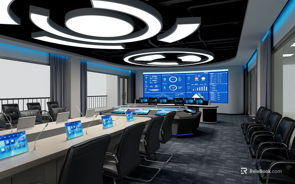 Modern Control Room Interior With Large Blue Displays Monitoring Screens Conference Table And Circular Lights 3d model 