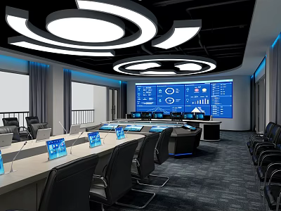 Modern Control Room Interior With Large Blue Displays Monitoring Screens Conference Table And Circular Lights 3d model