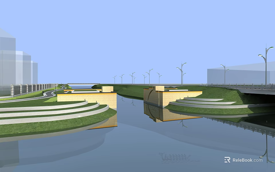 Modern Garden Landscape Design with Terraced Lawns Water Body Street Lamps and Distant Buildings 3d model 