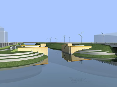 Modern Garden Landscape Design with Terraced Lawns Water Body Street Lamps and Distant Buildings 3d model