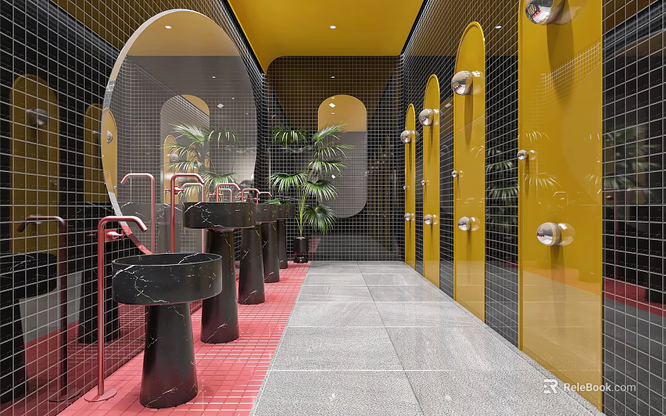 Modern Public Restroom with Yellow Walls Black Sinks Round Mirrors Glass Partitions and Plants 3d model 