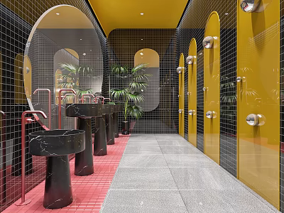 Modern Public Restroom with Yellow Walls Black Sinks Round Mirrors Glass Partitions and Plants 3d model