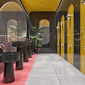 Modern Public Restroom with Yellow Walls Black Sinks Round Mirrors Glass Partitions and Plants