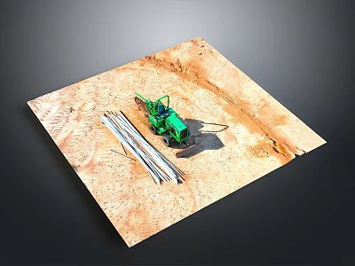 Green Construction Vehicle On Dirt Ground With Steel Bars At Work Site 3d model