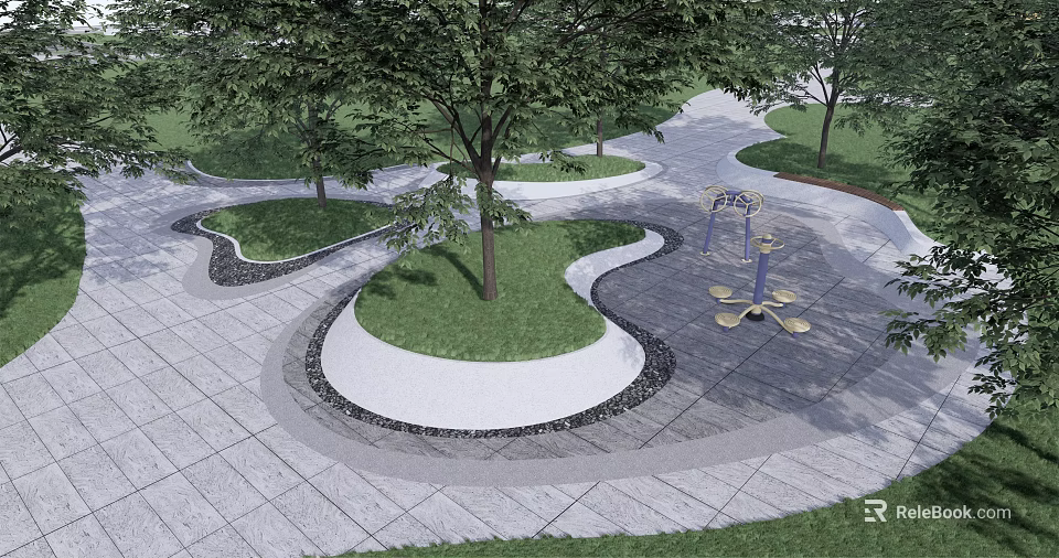 Circular Tree Pit Design With Green Lawn Paved Path And Surrounding Trees 3d model