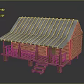 Wooden Log Cabin With Blue Striped Roof Porch And Stairs Design