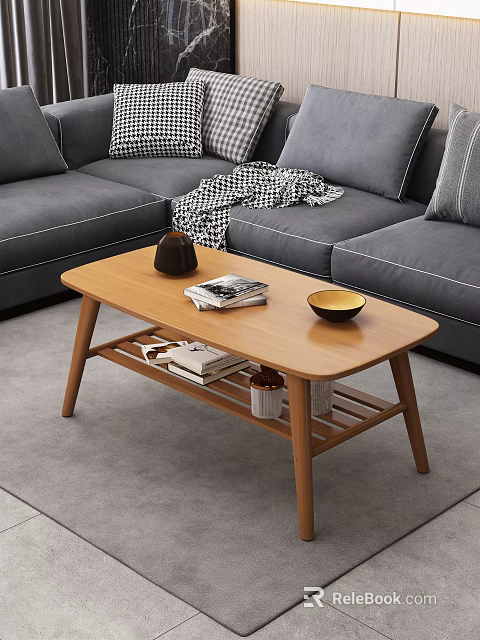 Wooden Coffee Table With Two Tier Design Vase Magazines And Bowl In Living Room 3d model 