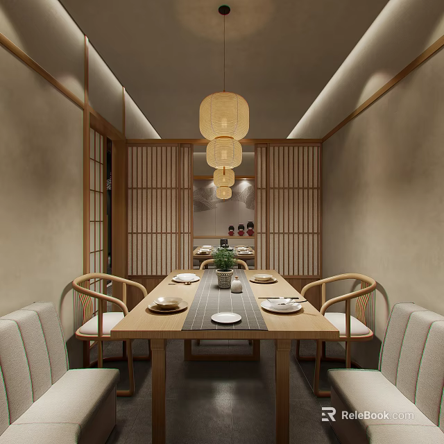 Japanese Restaurant Interior With Wooden Screens And Pendant Lights 3d model 