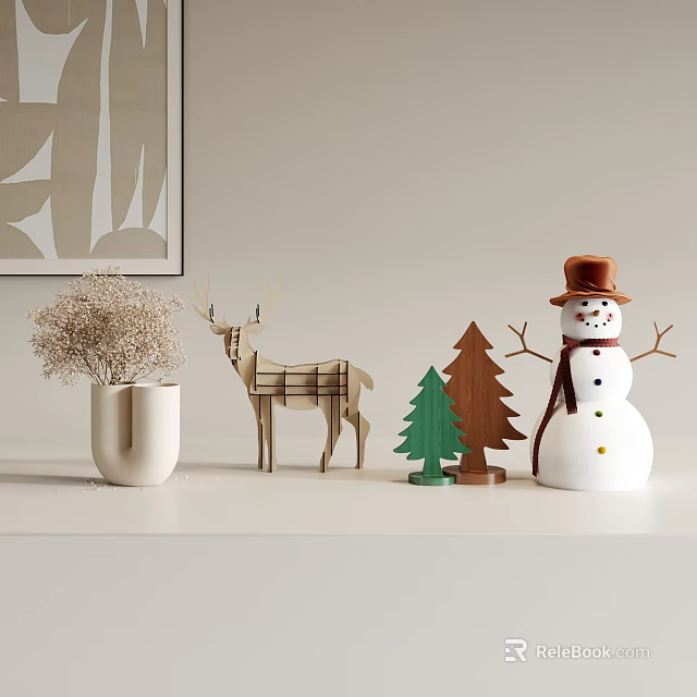 Indoor Decorative Ornament Set With Dried Flowers Vase Wooden Deer Small Trees And Snowman 3d model 