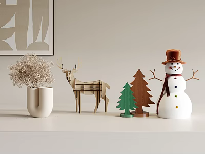 Indoor Decorative Ornament Set With Dried Flowers Vase Wooden Deer Small Trees And Snowman 3d model