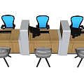 Modern Office Desks With Blue Chairs Gray Seats Computer Monitors And Workspace Setup