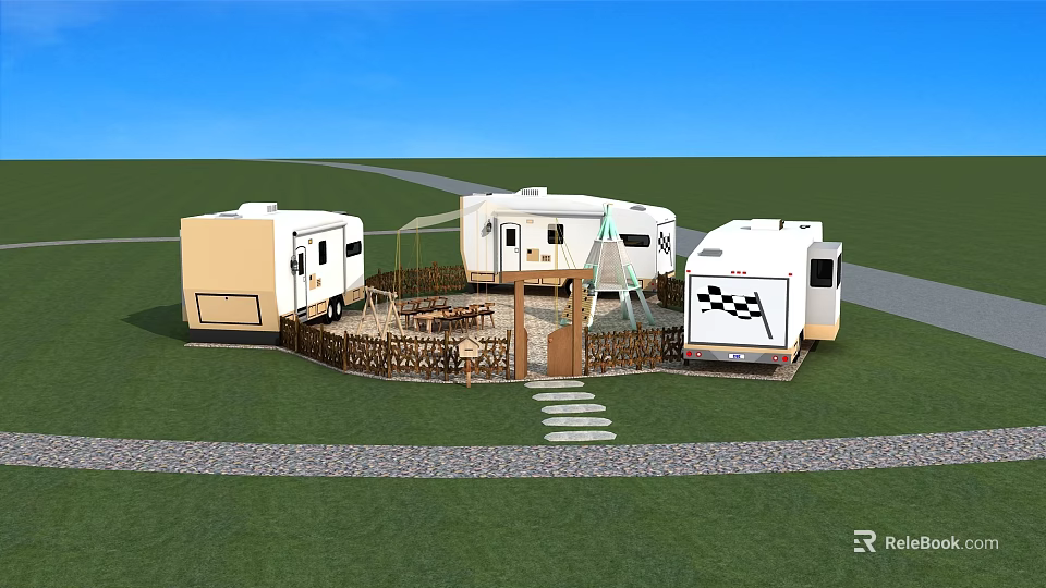 Garden Landscape Design With RVs Bamboo Fence Wooden Deck Swing And Stone Steps 3d model 