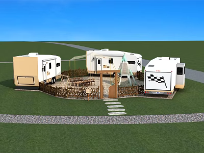 Garden Landscape Design With RVs Bamboo Fence Wooden Deck Swing And Stone Steps 3d model