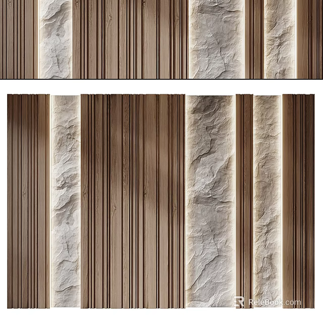 Sofa Accent Wall With Wooden Slats And Stone Texture 3d model