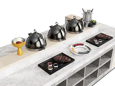 Modern Kitchenware Display With Black Chafing Dishes Trays And Condiment Cups On Marble Countertop 3d model
