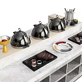 Modern Kitchenware Display With Black Chafing Dishes Trays And Condiment Cups On Marble Countertop