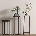 Wooden Plant Stands In Different Heights With Bonsai And Potted Plants