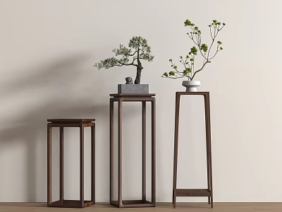Wooden Plant Stands In Different Heights With Bonsai And Potted Plants 3d model