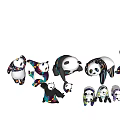 Colorful Panda Landscape Sculptures With Various Poses In Green Grass And Trees